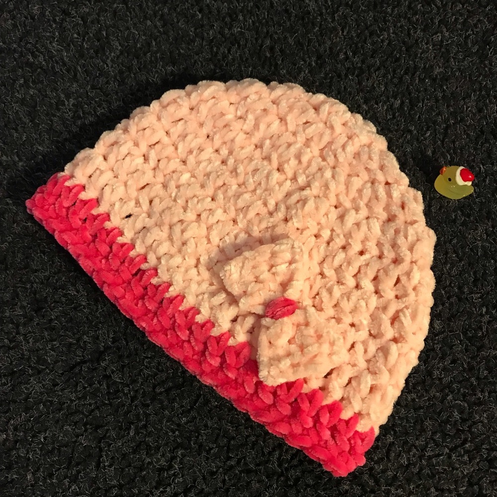 Handmade Pink Chenille Crochet Baby Beanie